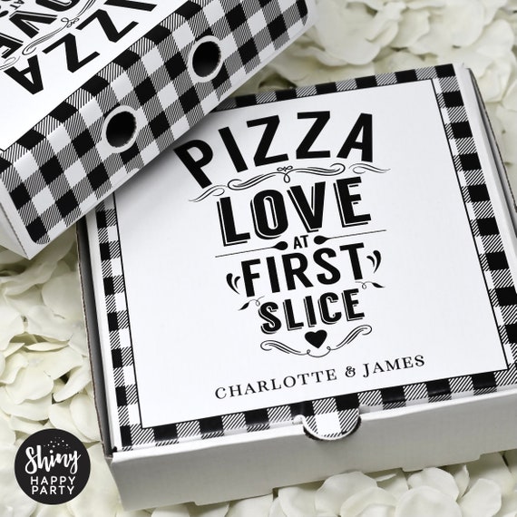 FIRST SLICE of Love – Personalised 7" Black Pizza Box for Wedding Favours, Sweets & Nibbles – Add Matching Bottle Wrappers for Party