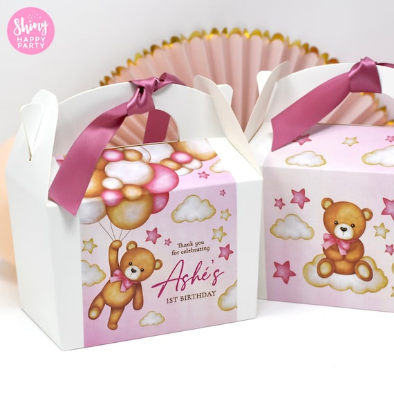 PINK BALLOON BEAR Personalised Party Box - Add matching paperie to co-ordinate your party decor - Table Settings Gift Bags Birthday Stickers