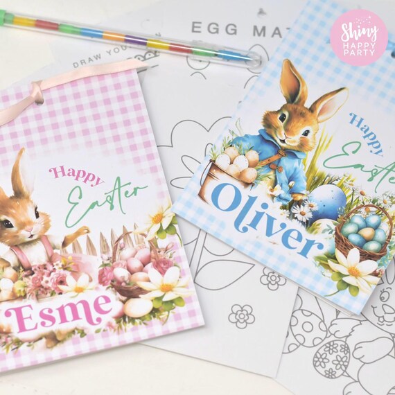 EASTER BUNNY RABBIT Pink Blue Personalised Party Box - Activity Book  - Table Settings Gift Bags Stickers
