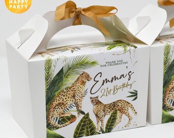 PERSONALISED Gold Jungle Animal Safari Leaf Leopard Palm Picnic Birthday Wedding Party Favor Bag Box Food Activity