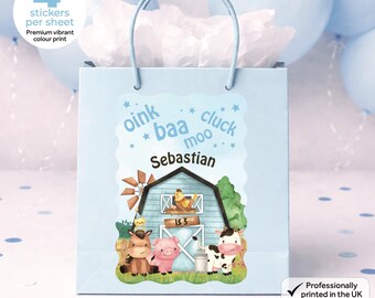 Personalised Blue Farm Birthday Party Bag Box Stickers - Animal Farmyard Theme Labels