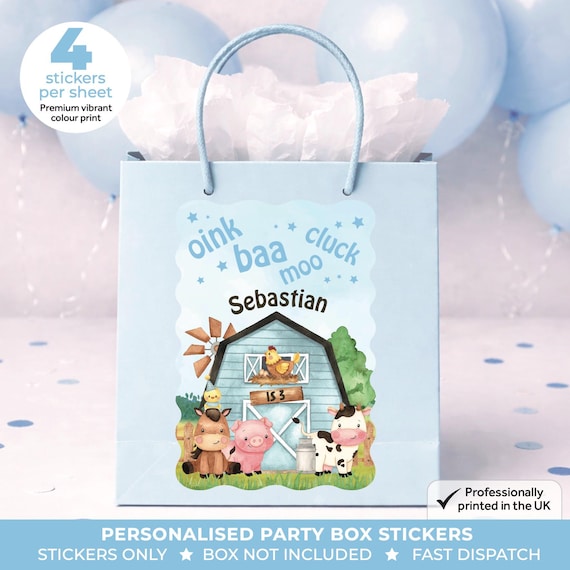 Personalised Blue Farm Birthday Party Stickers - Animal Farmyard Theme Labels