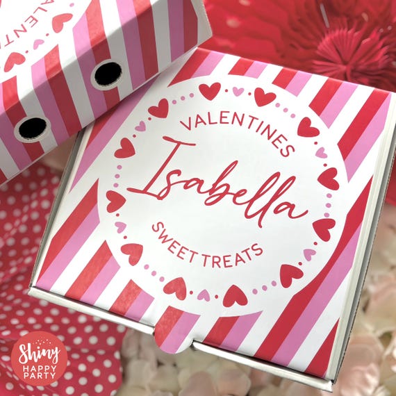 VALENTINES SWEET LOVE Personalised 7" Party Box. Small Pizza. Graze Box. Sweets, Treats, Nibbles, Gifts. Add Bottle Wrappers to match.