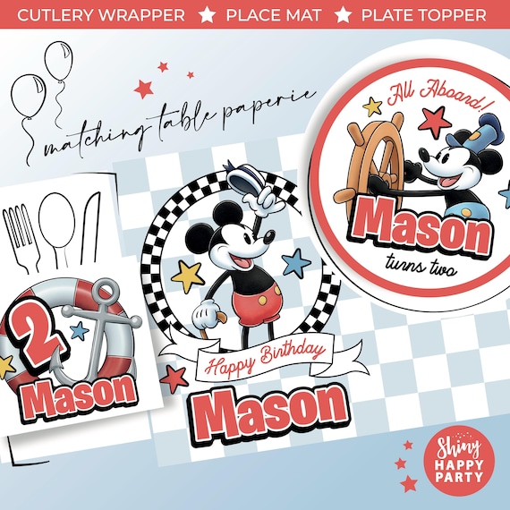 MOUSE Steam Boat Willie Under Sea Personalised Party Box - Add matching paperie co-ordinate party decor - Table Gift Bags Birthday Stickers