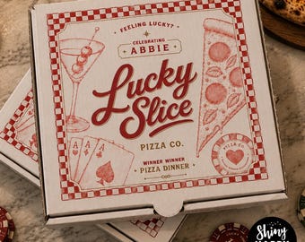 LUCKY SLICE Pizzeria Pizza Box Personalised 7" Party for Elegant Wedding Birthday Casino, Treats, Gifts Favors Sophistication in Every Slice