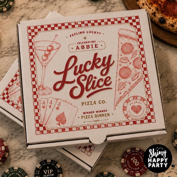 LUCKY SLICE Pizzeria Pizza Box Personalised 7" Party for Elegant Wedding Birthday Casino, Treats, Gifts Favors Sophistication in Every Slice