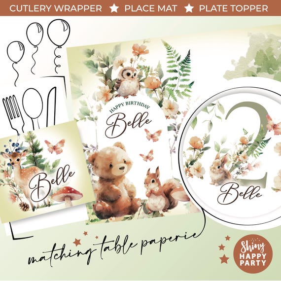 WOODLAND Bear Personalised Party Box - Add matching paperie to co-ordinate your party decor - Table Settings Gift Bags Birthday Stickers