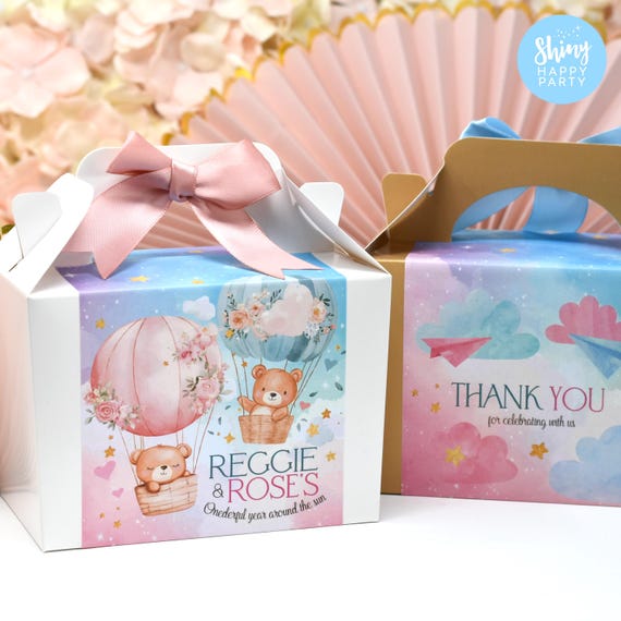 Bear & Balloon Twin Boy Girl Joint Birthday Party Box - Up, Up and Adorable! Pastel Pink Blue Gold Bow - Table Decor Birthday Stickers Wrap