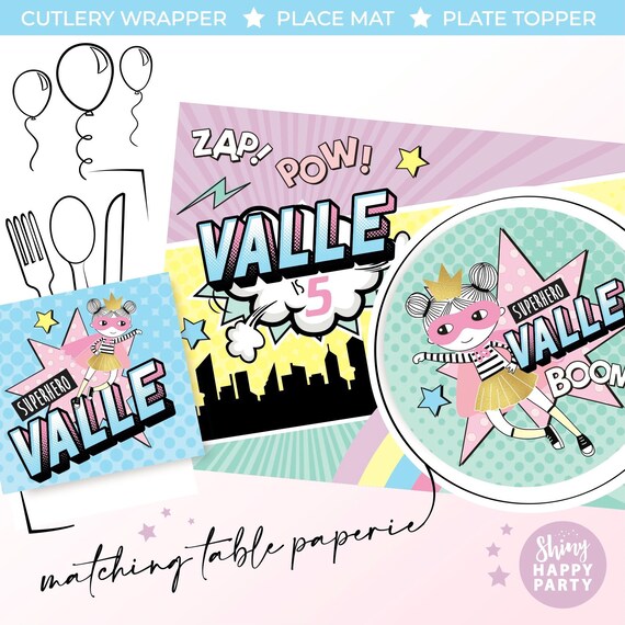 SUPERHERO PRINCESS Personalised Party Box - Add matching paperie co-ordinate your party decor - Table Settings Gift Bags Birthday Stickers