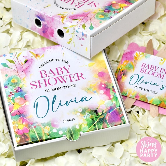 Pretty Baby Shower Floral 7" Pizza Box – Personalised Party Grazing, Gifts, Favors to Make Your Baby Shower Blossom with Style & Fun
