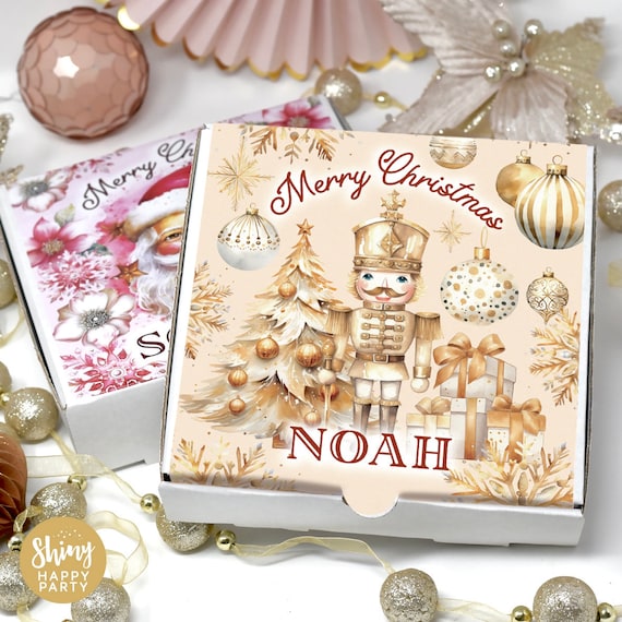 GOLD CHRISTMAS PIZZA Personalised 7" Pizza Party Box Gifts Graze Food Sweets Treats Nibbles. Add Bottle Wrappers to match.