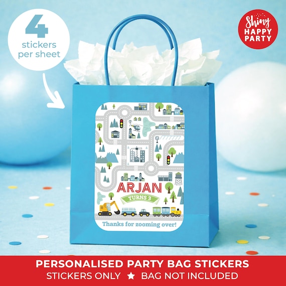 Personalised ROAD MAP Birthday party Stickers - Transport Theme Labels