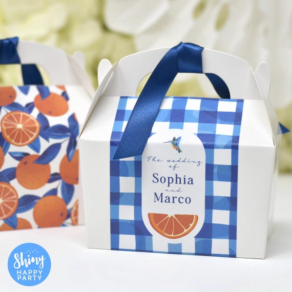 BLUE WEDDING ORANGE Personalised Favor Box, Cake, Sweets, Activity, Gift Boxes. Matching Table Decor & Paperie available.