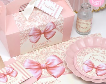 BOWS & ROSES Personalised Party Box - Add matching paperie to co-ordinate your party decor - Table Settings Gift Bags Birthday Stickers