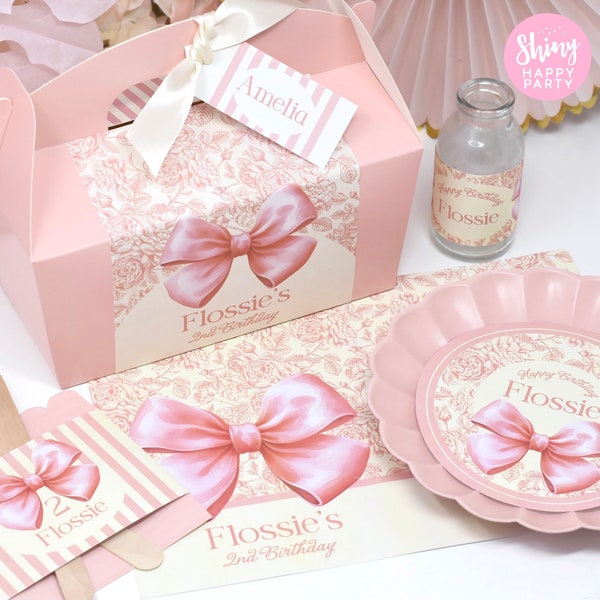 BOWS & ROSES Personalised Party Box - Add matching paperie to co-ordinate your party decor - Table Settings Gift Bags Birthday Stickers