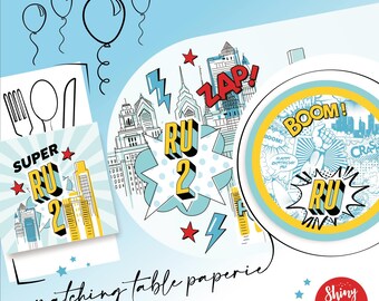SUPERHERO Personalised Party Box - Add matching paperie to co-ordinate your party-Table Settings Gift Bags Birthday Stickers Bottle Wrappers