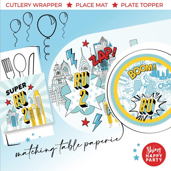 SUPERHERO Personalised Party Box - Add matching paperie to co-ordinate your party-Table Settings Gift Bags Birthday Stickers Bottle Wrappers