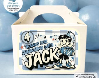 Personalised Blue Retro Birthday Party Bag Box Stickers - Comic Style Gingham Labels
