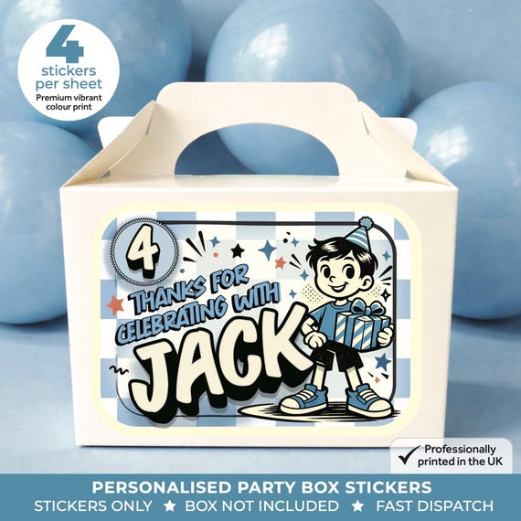 Personalised Blue Retro Birthday Party Stickers - Comic Style Gingham Labels