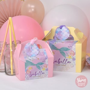 Caja de fiesta personalizada SIRENA PASTEL MAR - Agregue papel a juego para coordinar la decoración de su fiesta -Arreglos de mesa Bolsas de regalo Pegatinas de cumpleaños