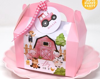 Personalised Red Pink Cute Farm Animals Box Wedding Birthday Celebration Party Gift Favor Bag Box Food Treat Sweet Cake