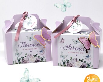 Personalised Pink Lilac Butterfly Flower Birthday Party Food Treat Bag Box Lunch Box Activity Baby Shower