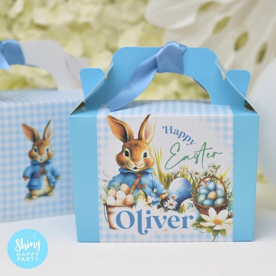 EASTER BUNNY RABBIT Pink Blue Personalised Party Box - Add matching paperie to co-ordinate party decor - Table Settings Gift Bags Stickers