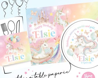 UNICORN RAINBOW Personalised Party Box - Add matching paperie co-ordinate your party decor - Table Settings Gift Bags Birthday Stickers