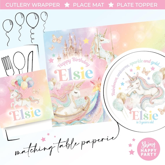 UNICORN RAINBOW Personalised Party Box - Add matching paperie co-ordinate your party decor - Table Settings Gift Bags Birthday Stickers