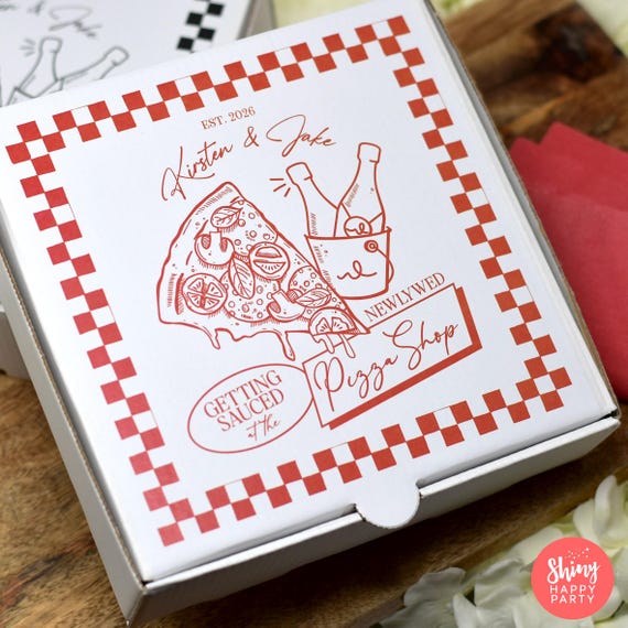 WEDDING PIZZA BOX Personalised 7" Black/White Party Box. Small Pizza. Sweets, Nibbles, Gifts, Favors. Add Bottle Wrappers to match
