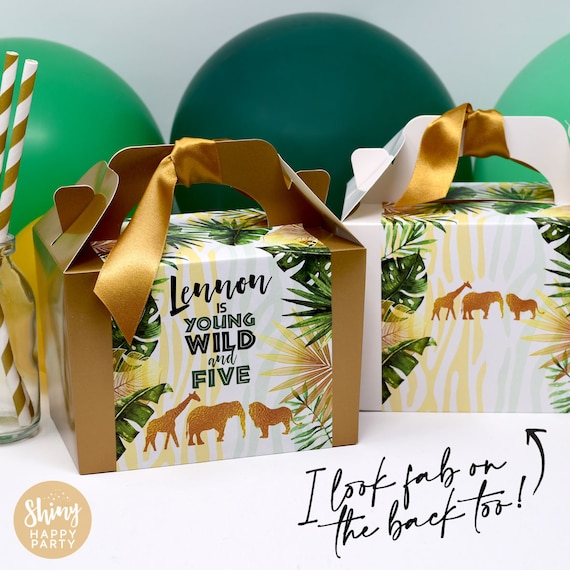 GOLD GREEN JUNGLE Personalised Party Box - Add matching paperie to co-ordinate your party decor - Table Settings Gift Bags Birthday Stickers