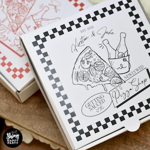 WEDDING PIZZA BOX Personalised 7&quot; Black, White, Red Party Box for Pizza, Sweets, Favors – Get Sauced in Style with Matching Bottle Wrappers