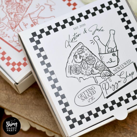 WEDDING PIZZA BOX Personalised 7" Black, White, Red Party Box for Pizza, Sweets, Favors – Get Sauced in Style with Matching Bottle Wrappers