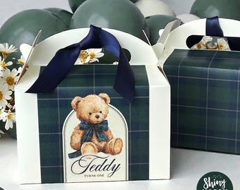 PREPPY Classic Vintage Bear Green Tartan Personalised Party Box -Also Available Matching Stationery Party Decor - Gift Birthday Stickers