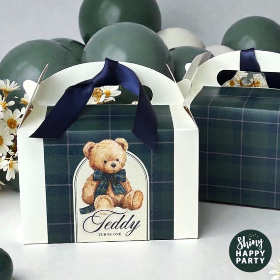 PREPPY Classic Vintage Bear Green Tartan Personalised Party Box -Also Available Matching Stationery Party Decor - Gift Birthday Stickers
