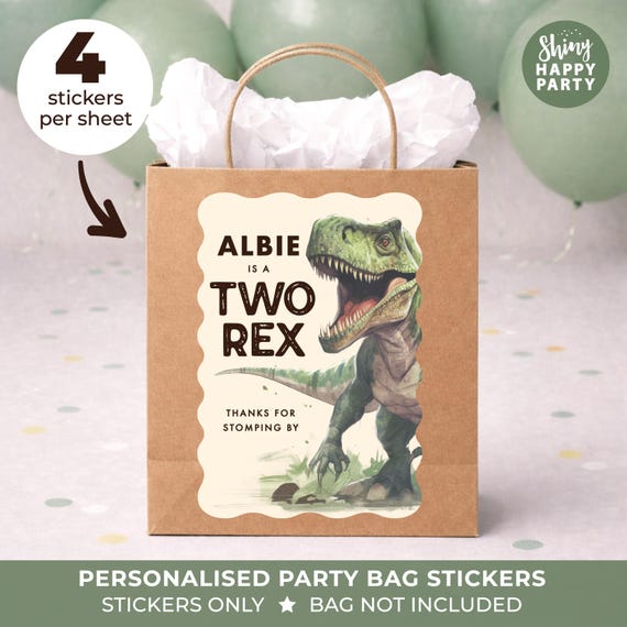 Personalised T REX Dinosaur Birthday Party Stickers - Roarsome Labels