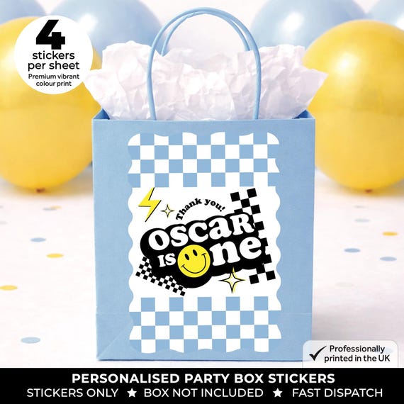 Personalised Blue Smiley Face Birthday Party Stickers - Retro Groovy Labels