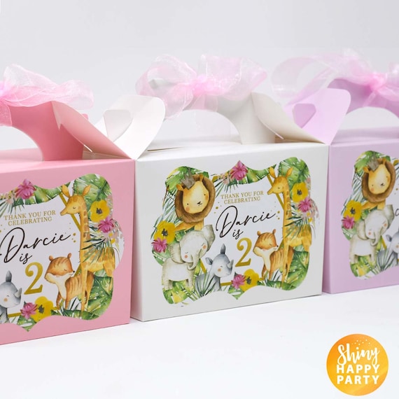 PINK JUNGLE ANIMALS Personalised Party Box - Add matching paperie to co-ordinate party decor - Table Settings Gift Bags Birthday Stickers