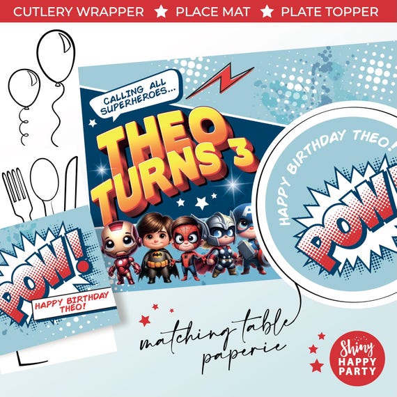 SUPERHEROES POW Personalised Party Box - Add matching paperie to co-ordinate your party decor - Table Settings Gift Bags Birthday Stickers