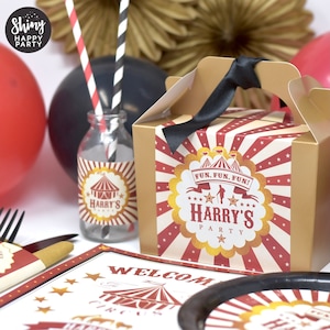 Caja de fiesta personalizada con diseño de showman de circo vintage. Agregue papel a juego para coordinar la decoración de la fiesta. Bolsas de regalo para arreglos de mesa, pegatinas de cumpleaños