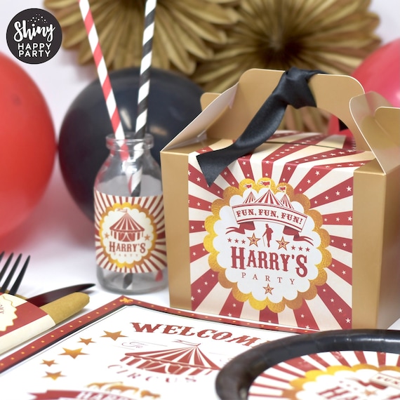 VINTAGE CIRCUS SHOWMAN Personalised Party Box - Add matching paperie to co-ordinate party decor - Table Settings Gift Bags Birthday Stickers
