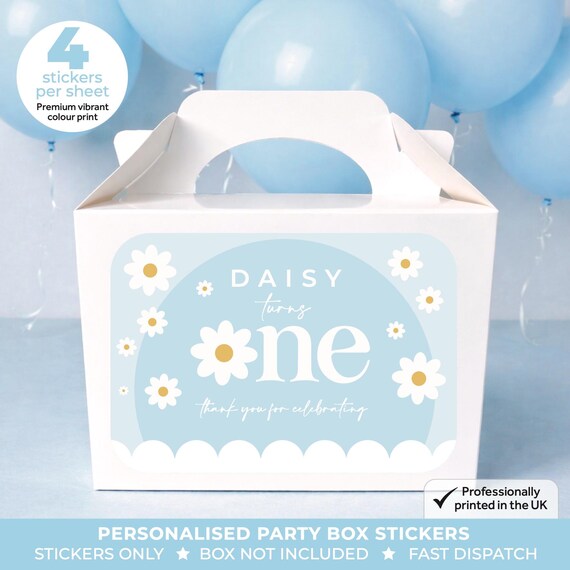 Personalised DAISY Birthday Party Stickers - Blue Floral Labels