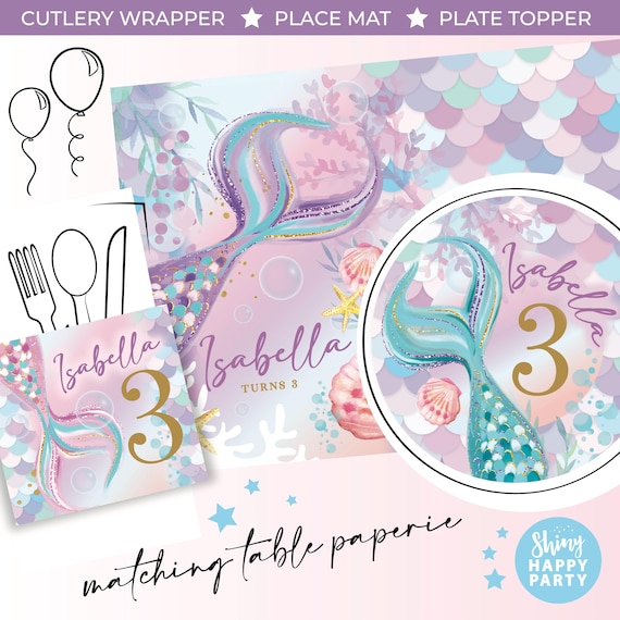 MERMAID PASTEL SEA Personalised Party Box - Add matching paperie to co-ordinate your party decor -Table Settings Gift Bags Birthday Stickers