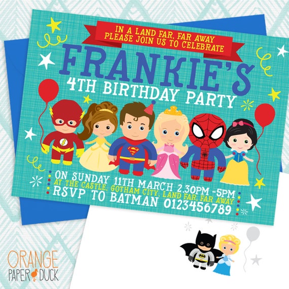 Personalised Birthday Invitations Superhero and Princess x 5