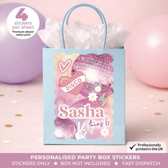 Personalised Pastel Disco Birthday Party Stickers - Retro Dance Music Labels