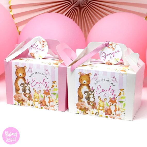 PINK WOODLAND ANIMALS Personalised Party Box - Add matching paperie to co-ordinate party decor - Table Settings Gift Bags Birthday Stickers