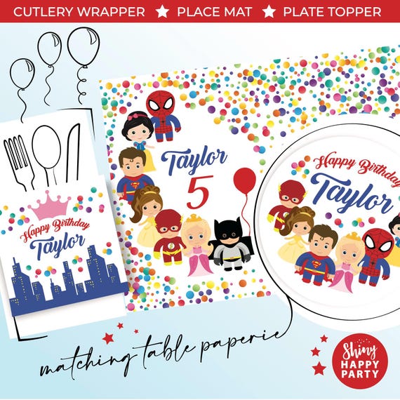 SUPERHEROES PRINCESS Personalised Party Box - Add matching paperie co-ordinate your party decor - Table Settings Gift Bags Birthday Stickers
