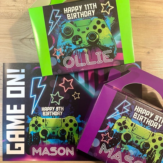 NEON GAMER Personalised Party Box - Add matching paperie to co-ordinate your party decor - Table Settings Gift Bags Birthday Stickers