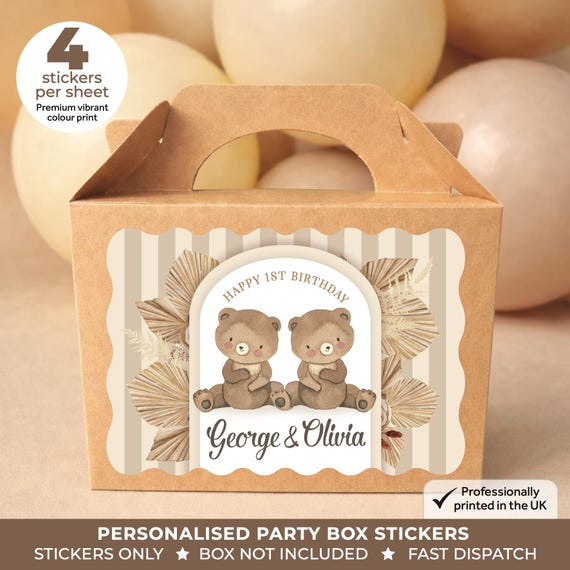 Personalised Twin Teddy Bear Birthday Party Stickers - Neutral Bear Labels