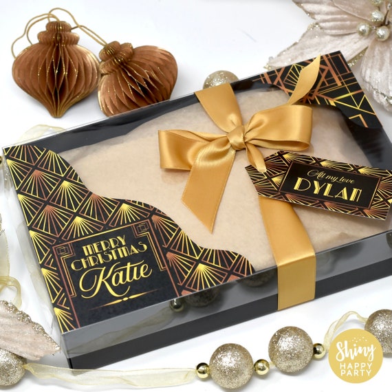 Art Deco GIFT GRAZE BOX Personalised Luxe Box with Clear Lid. Gift Tag & Ribbon. Luxury Party Gift Bag